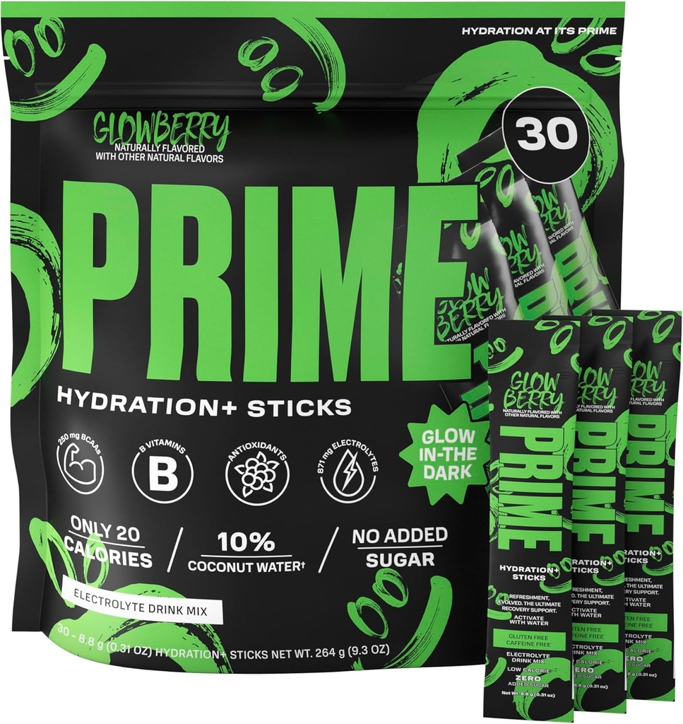 Prime HYDRATION+ Sticks GLOWBERRY | Hydration Powder Single Serve Sticks | Electrolyte Powder On The Go | Low Sugar | Koffeinfri | Vegan | 30 Sticks