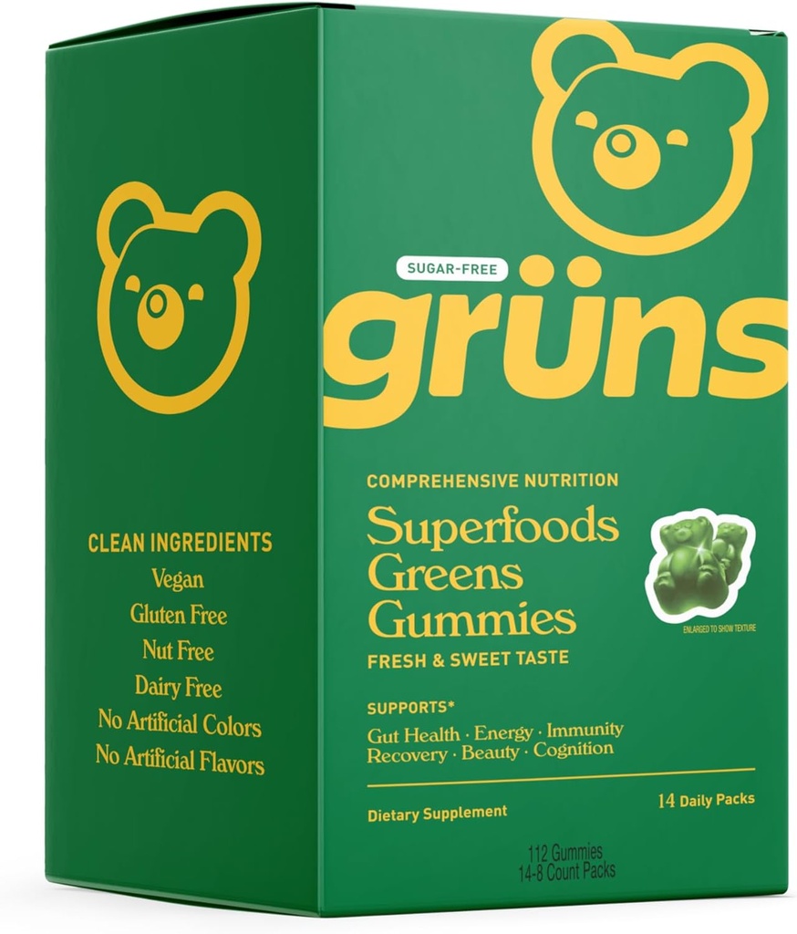 Gruns Sugar Free Super Greens Gummy Bears - Organisk Spirulina och Chlorella, Prebiotika för Digestive Health, 20 + Vitaminer och mineraler, Adaptogener - 14 påsar - 112 Gummies