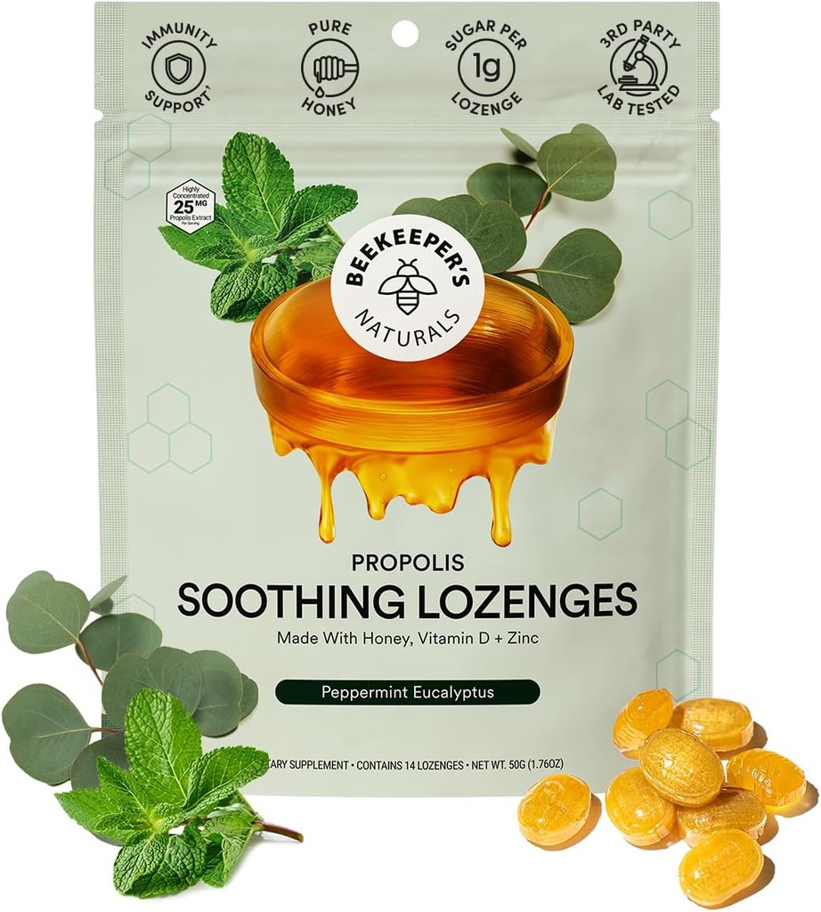 Beekeeper's Naturals Soothing Mint Eucalyptus Cough Drops, Immune Support med vitamin D, Zink och Propolis, Cooling & Throat Soothing Lozenges, 14 Ct