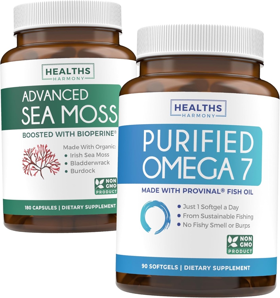 Irish Sea Moss & Omega 7 (3-Month Supply) Sea Omega Combo Bundle - Organic Irish Sea Moss - Raw Vegan Supplement (180 Caps) & Omega 7 Softgels - Provinal Sustainable Peruvian Anchovy Fish Oil -90 Caps
