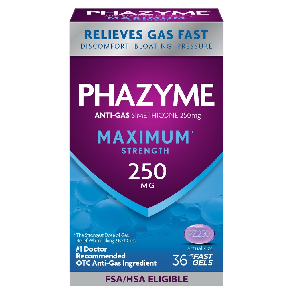 Phazyme Maximum * Styrka Anti-Gas 250 mg Simethicone Gas Relief för vuxna, Snabba Gels snabbt lindra uppblåsthet, tryck och obehag, 36 greve