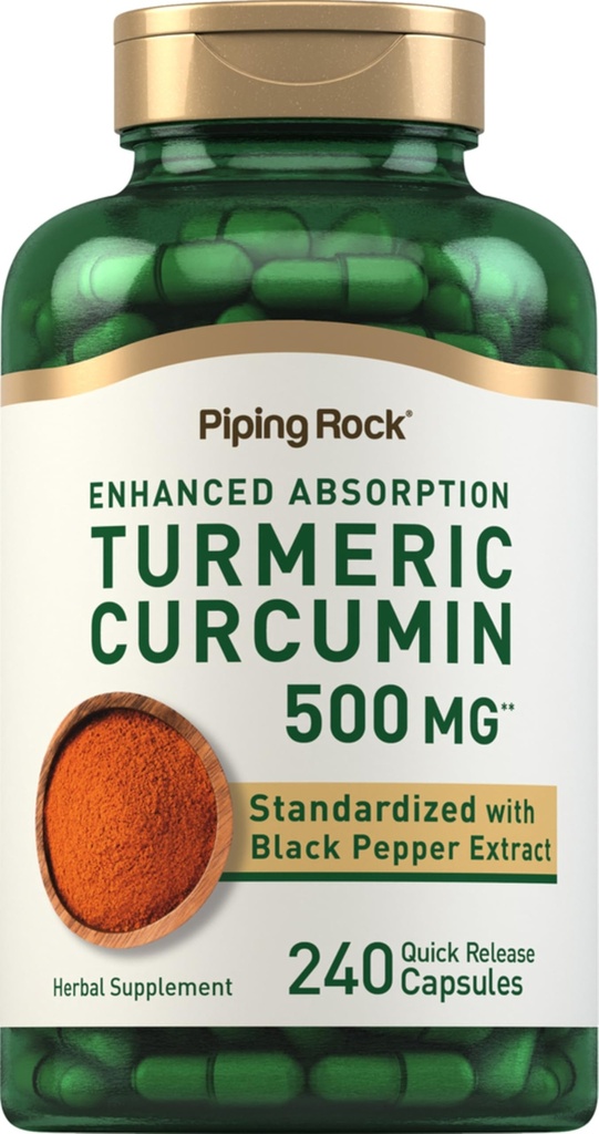 Piping Rock Turmeric Curcumin Supplement 500 mg | 240 kapslar | med Black Pepper | Standardized Complex Extract | Non-GMO, Gluten Free