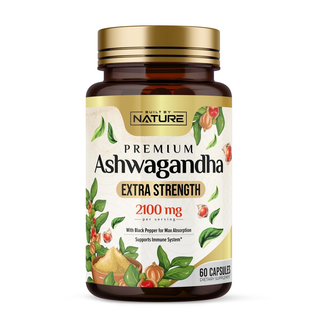 Byggd av Nature Ashwagandha 2100mg Extra Stress Relief & Mood Support med Black Pepper Extract för Max Absorption - Non-GMO, Vegan, Gluten-Free - 60 kapslar