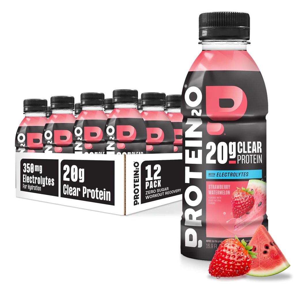 Protein2o Hydration Drink - 2-i-1 Liquid Clear Whey Protein Isolate och Electrolyte Drink - 20g Protein, Vitamin B5, B6 - Post-Workout Recovery - 16.9 Fl Oz - 12 greve jordgubbsvattenmelon