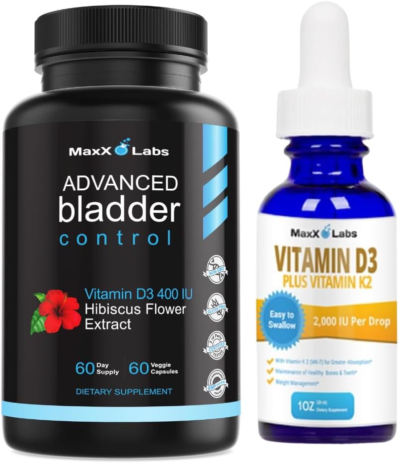 Advanced Bladder Control Supplements 60Ct + Vitamin D3 K2 Liquid Drops w/K2 MK7-2 000 IU Per Drop Liquid Vitamin D K2 Drops 1 Oz