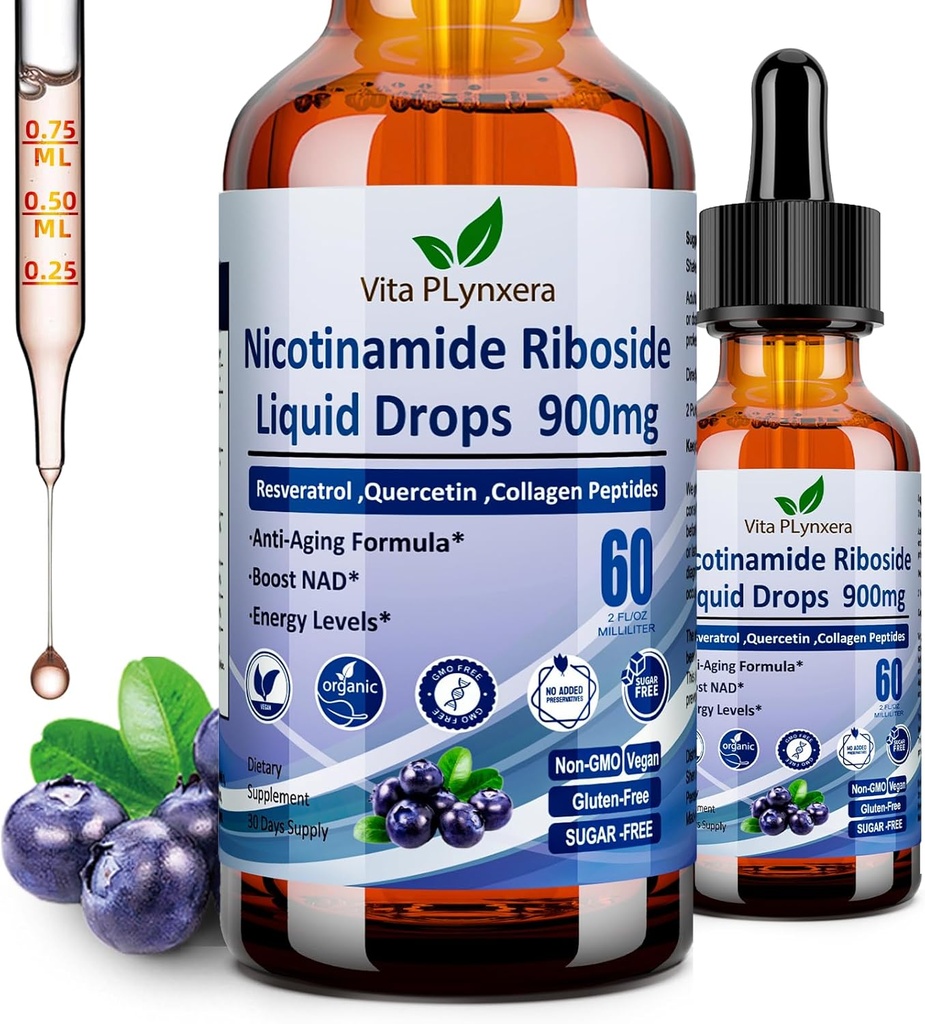 NAD Supplements for Women & Men, NAD Nicotinamide Riboside Resveratrol 900mg & Quercetin, Niacin, Collagen, Biotin, Liquid NAD Plus Supplement NR900 För Anti-Aging Skin Energy Longevity Focus Brain