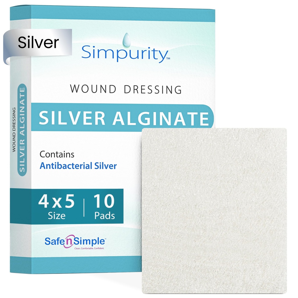 Silver Calcium Alginate Wound Dressing - Simpurity - 4 "x 5" Individuella tjocka kuddar - Silverklänning för sårvård - Non-Stick Sterile Calcium Alginate Pads - Säker n' Simple Wound Care Products