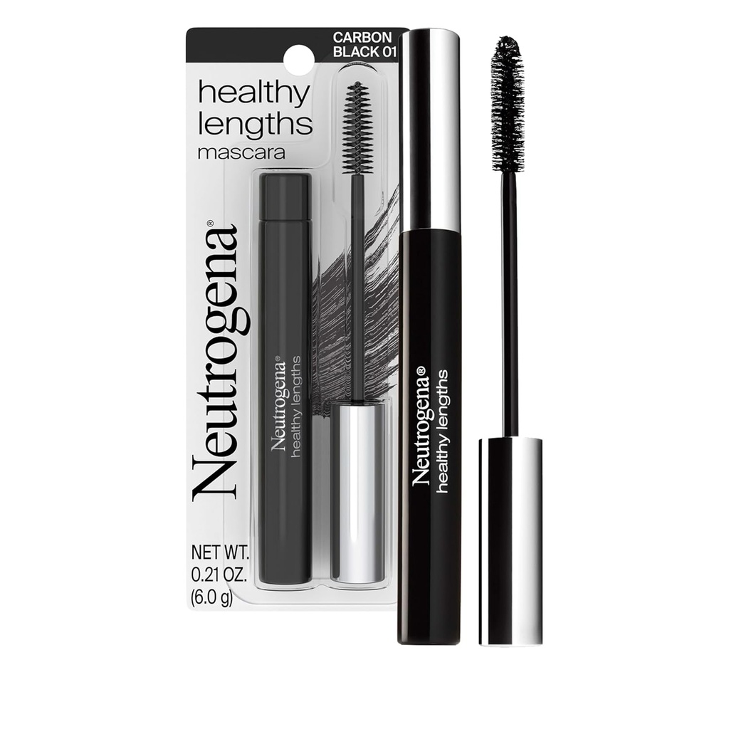 Neutrogena Hälsosamma längder Mascara - med Vitamin E & Olivolja, Längdande Formel Förlänger utseendet på dina ögonfransar upp till 100% utan klumpning, Flaking eller Smudging, kolsvart 0,21 uns