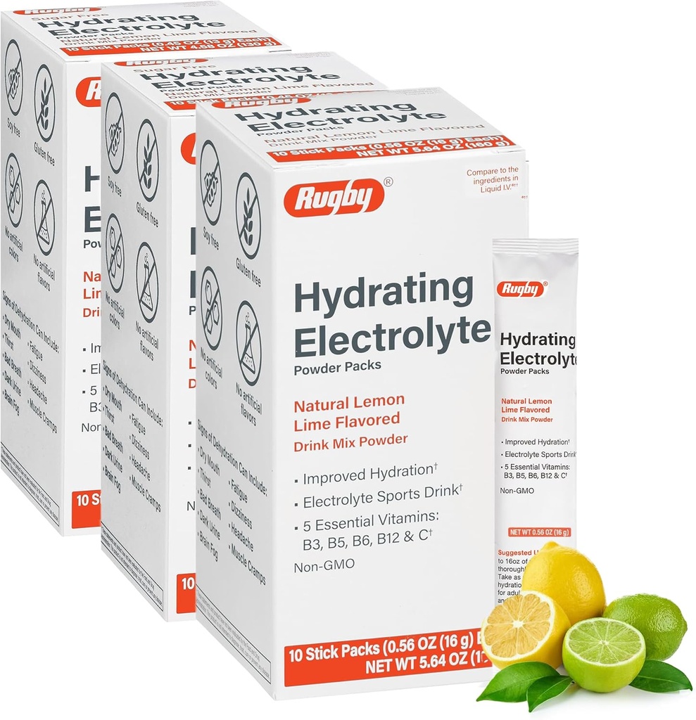 Rugby Hydrating Electrolyte Powder Packs - Drink Mix Powder Packets med 5 Vitaminer - Förbättrad Hydration - Naturlig Lemon-Lime smak - 10 Stick Packs - 0,56 Oz Varje (3 Pack)