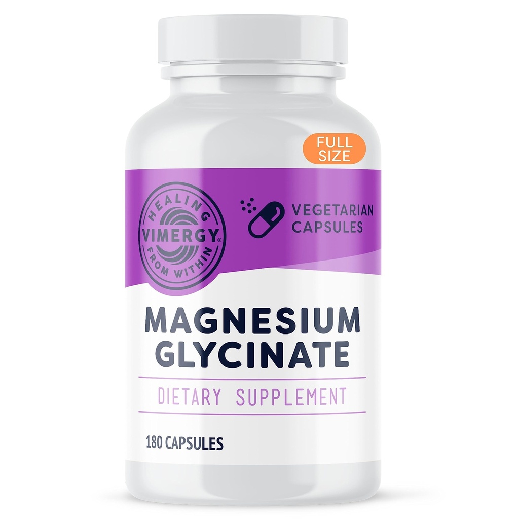Vimergy Magnesium Glycinate - Stress Support - Chelated to Avoid Tummy Upset * - Främjar hjärthälsa och energi * - Kosher, Vegan Gluten-Free - 180 Caps