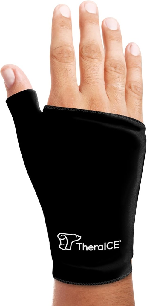 TheraICE Wrist Ice Pack Wrap Thumb Brace for Either Hand for Hot & Cold Therapy - Reusable Soft Gel Glove for Injuries, Carpal Tunnel, Arthritis, De Quervain's Tenosynovitis - Fits Most Men - L/XL