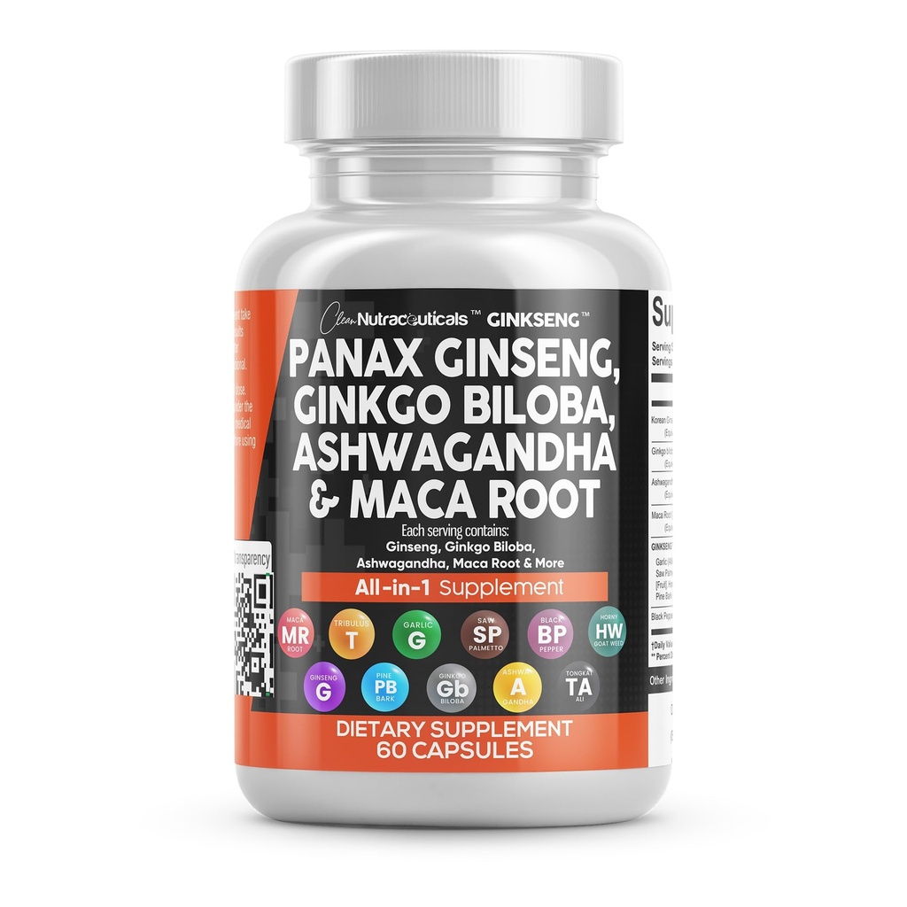Clean Nutraceuticals Panax Ginseng Ginkgo Biloba Ashwagandha Maca Root - Fokus Supplement Pills för kvinnor och män med Pine Bark Extract, vitlök och Saw Palmetto - 60 Caps