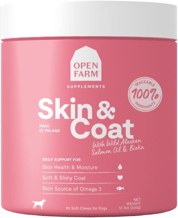 Open Farm Skin & Coat Chews, Dog Supplement, Dog Vitamins, stöder en mjuk och Shiny Coat med spårbar och Vet-godkända ingredienser, 12,7 oz, 90 greve