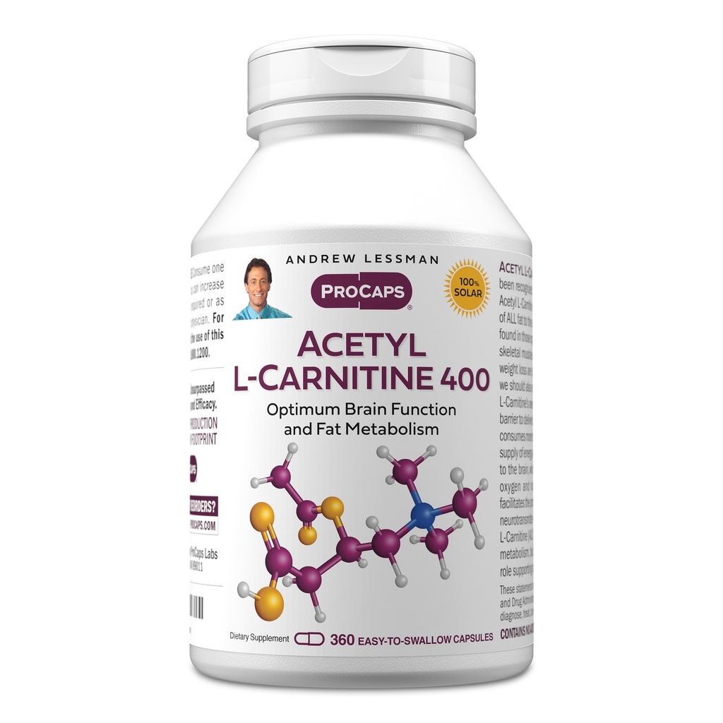 ANDREW LESSMAN Acetyl L-Carnitine 400 mg - 360 kapslar - Stöd för nervsystem, fett- och energimetabolism, hälsosam hjärnfunktion, hälsosamt blodflöde till hjärnan. Lätt att svälja kapslar.