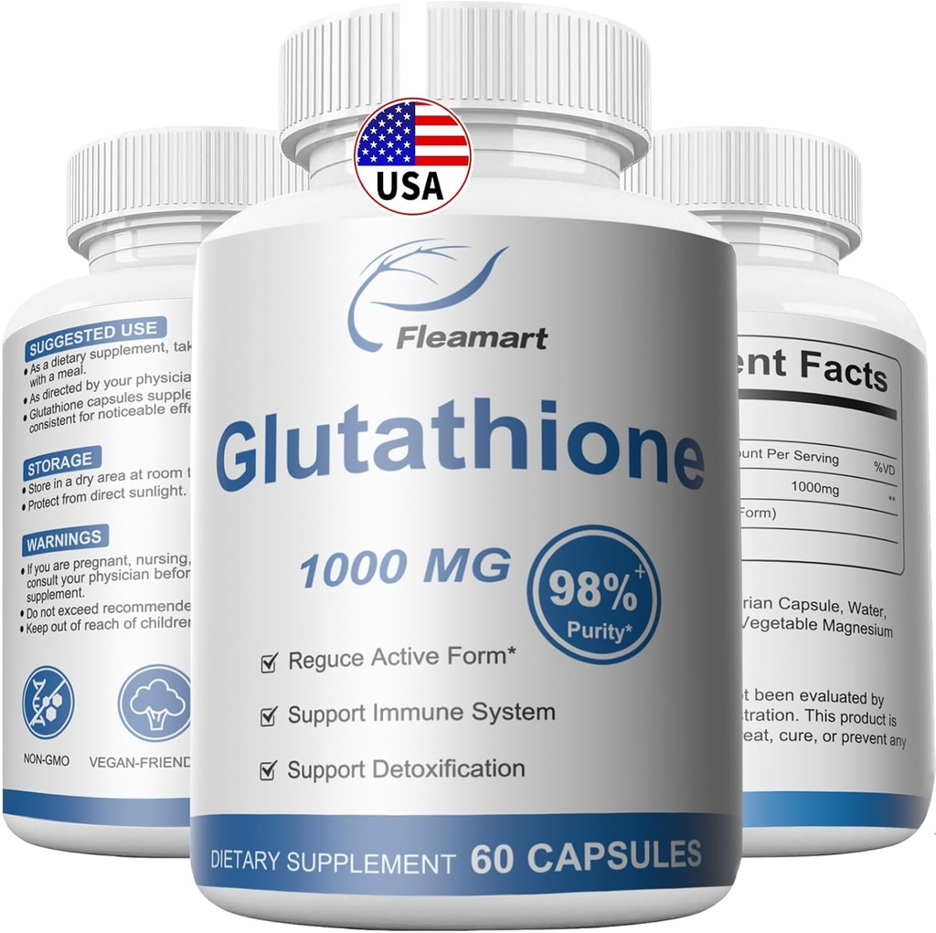 Glutation tillägg 98%+ Högre renad och biotillgänglig - Hudvård och avgiftning L-Glutathione 1000mg Immune & Liver Support - Tillverkad i USA 60 kapslar