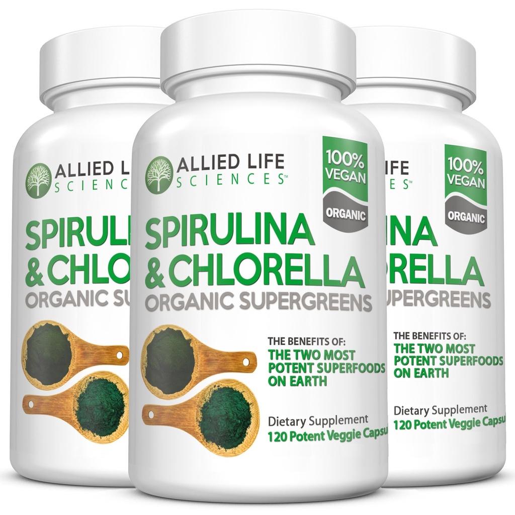 Allied Life Spirulina och Chlorella | Organic Chlorophyll Vegan Protein Powder Green Superfood Capsules | Natural Immune Support (3 flaskpaket)