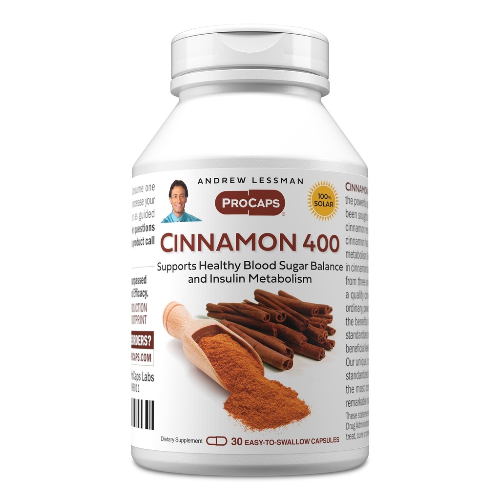 ANDREW LESSMAN Cinnamon 400mg - 30 kapslar - Hög styrka, standardiserat extrakt. Inga tillsatser. Liten lätt att svälja kapslar