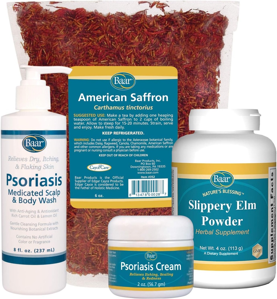 Psoriasis Care Kit - Inkluderar amerikansk Saffron Tea, Slippery Elm Bark Powder, Psoriasis Scalp och Body Wash och Psoriasis Cream. 4 objekt som rekommenderas i boken Healing Psoriasis av Dr John Pagano