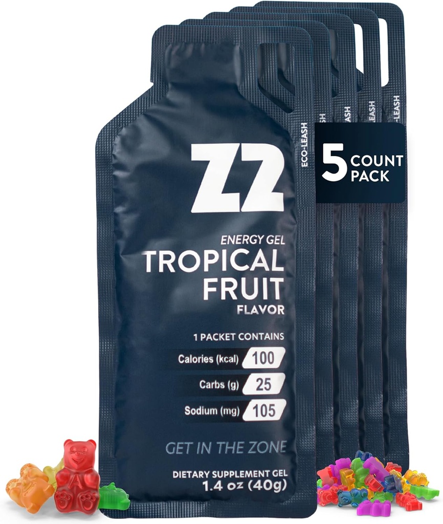 Z2 Tropical Fruit Energy Gel Performance - 25g Carb, 105mg Sodium, Electrolytes, Pre & Under träning, ökar uthålligheten för körning, cykel, cykling och sport - 5-Count Pack