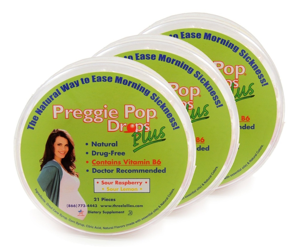 Tre Lollies Preggie Pop Drops Plus med B6 Capsules, Sour Raspberry / Lemon, 3 Räkna