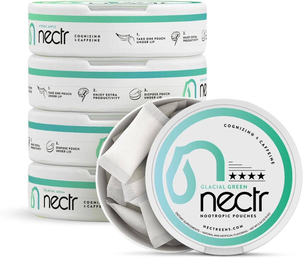 Nectr Energy Nootropic Pouches – Glacial Green Wintergreen Caffeine Pouches med Cognizin® Citicoline. Sockerfri hjärnbehandling. Smidig, hållbar fokus & energiförsörjning - 5 Pucks på 16pcs
