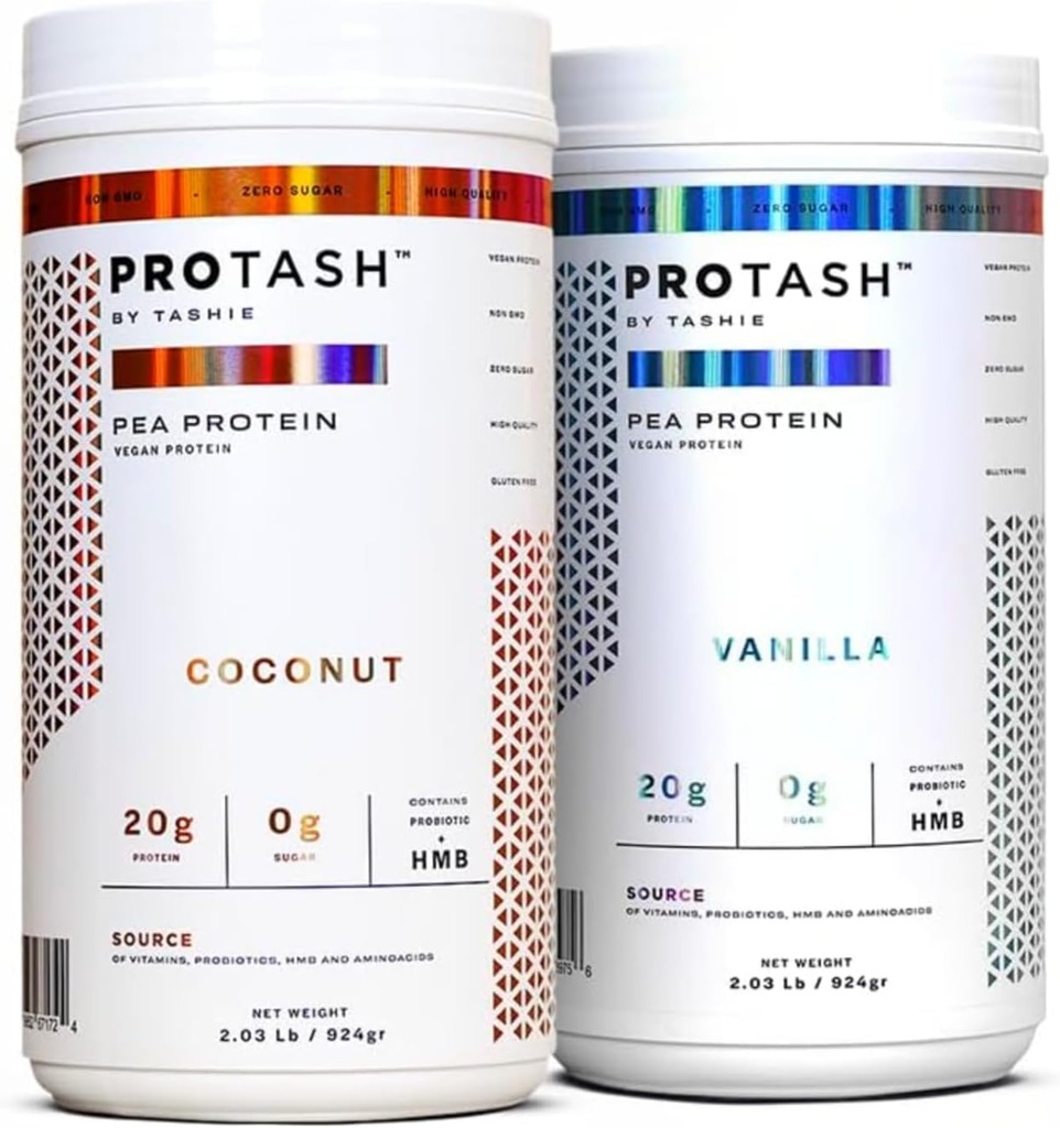Paket av 2 | Vegan Protein Powder av TASHIE, 20g Pea Protein för män och kvinnor, Icke GMO, Zero Sugar, Innehåller Probiotic & HMB (Vanilla & Coconut)