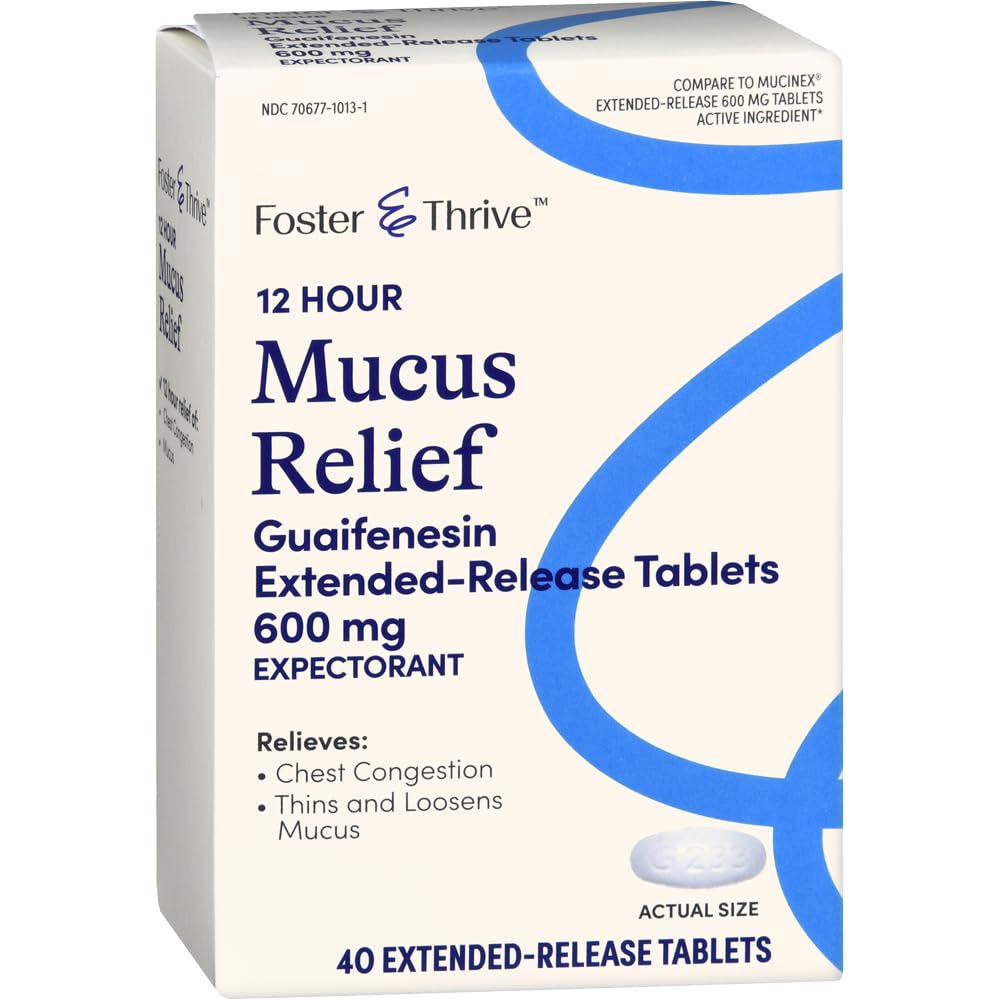 Foster & Thrive Chest Congestion Mucus Extended Release, 600 mg Guaifenesin Relieves Chest Congestion orsakad av Excess Mucus (Jämför med Mucinex 12 timmars utökad release), 40 tabletter