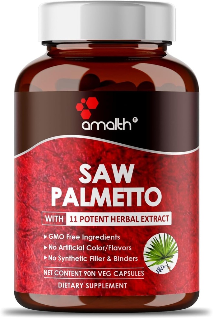 AMALTH Premium Saw Palmetto Capsule - Extra Styrka formulerad med Ashwagandha, Tribulus, Ginger, Maca, Holy Basil och Mer Natural Prostate Support, 90 kapsel