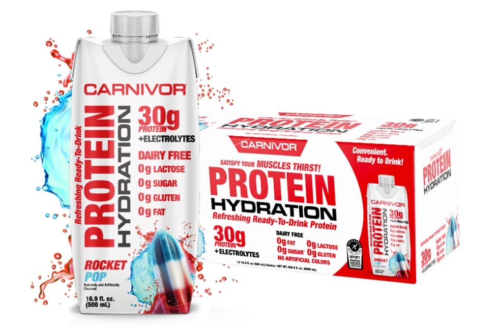 MuscleMeds Carnivor Protein Hydration RTD, redo att dricka, Lactose Free, Sugar Free, 30g Isolate Protein, Halal Certified, Rocket Pop, 16.9 Fl Oz (Pack av 12)