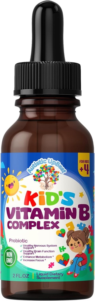 Autistisk UpBeat: Kids Vitamin B Complex | Kid-Friendly Drops | Unlfavored | B1, B2, B3, B6, B7, B9 & Methyl B12 | Brain Function, Focus, Metabolism | Barn B Komplex Liquid Drops Supplement