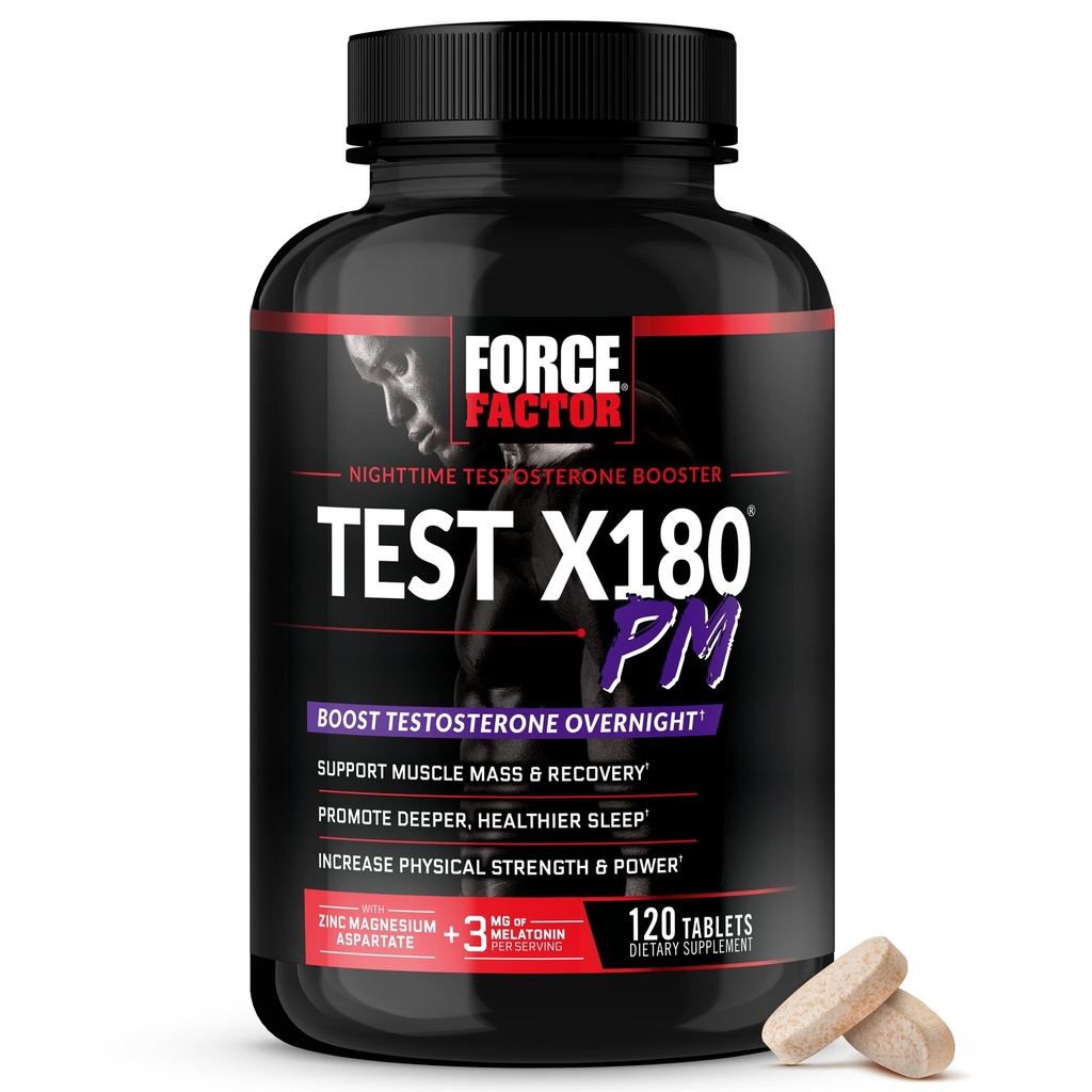 Force Factor Test X180 PM Testosteron Booster för män, Overnight Testosteron Supplement för att bygga muskler, öka styrka och främja djupare, friskare sömn och återhämtning, 120 tabletter