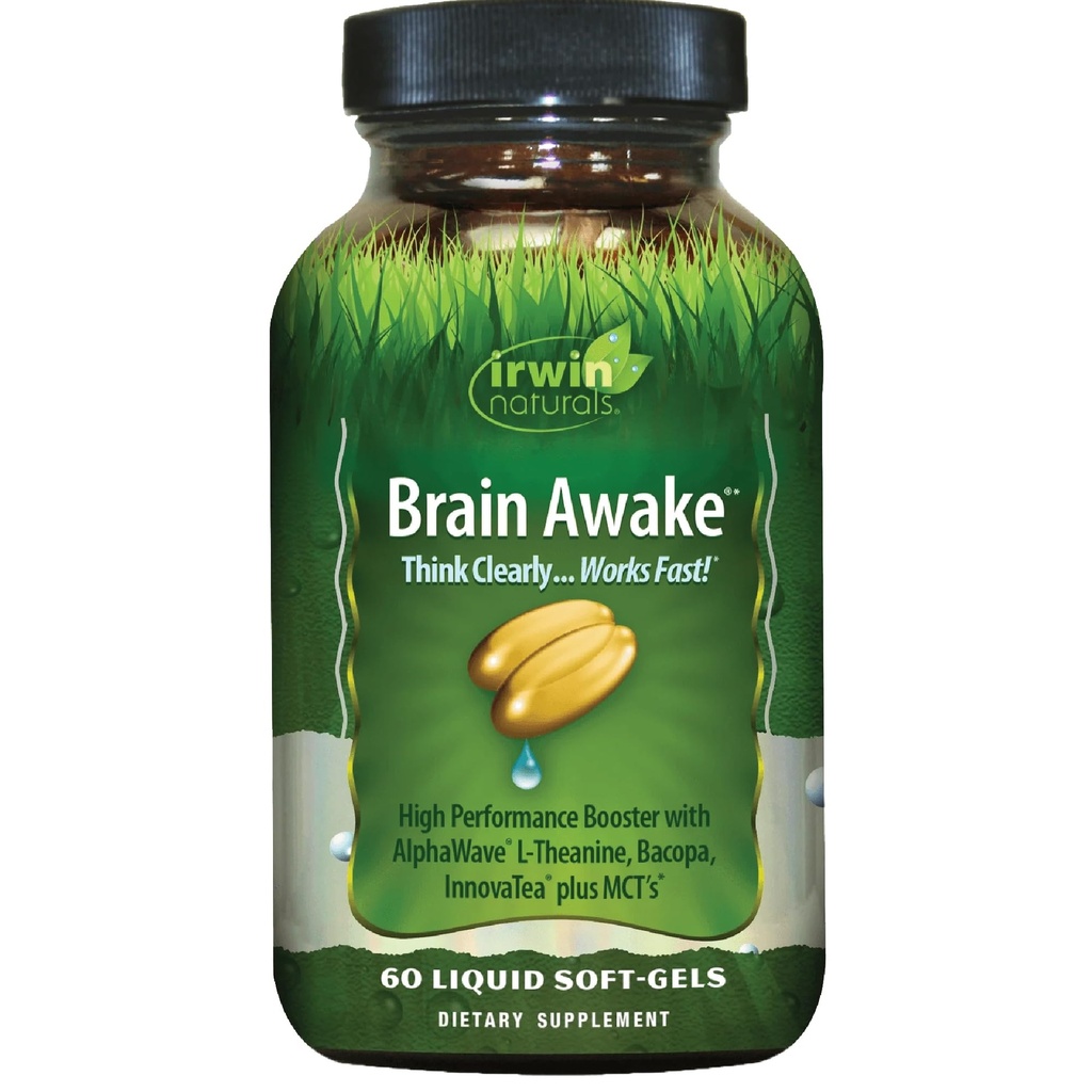Irwin Naturals Brain Awake - 60 Liquid Softgels - Förbättrad mental prestation, ökad fokus, klarhet och koncentration - Nootropic Booster med L-Theanine, Bacopa, MCTs