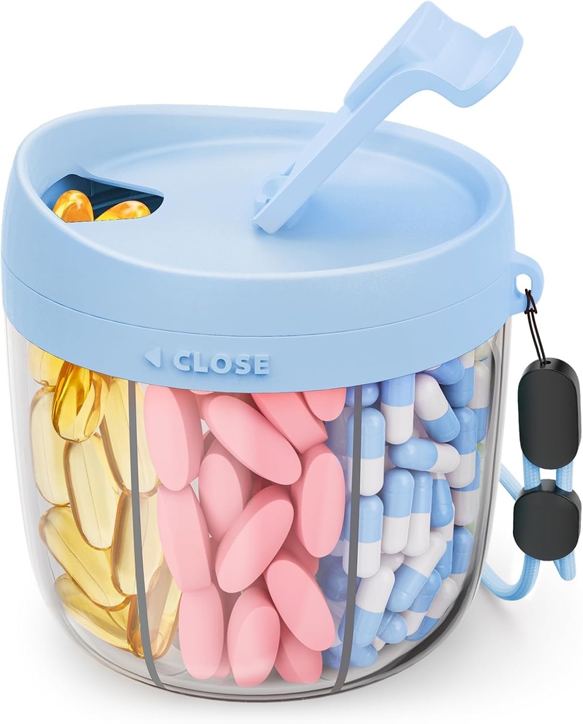 Söt Pill Dispenser med 7 stora delar, bärbar Pill Bottle Organizer med bred öppning för enkel användning, Anti-Mix Pill Organizer för resor, BPA-Free Pill Container, Blue