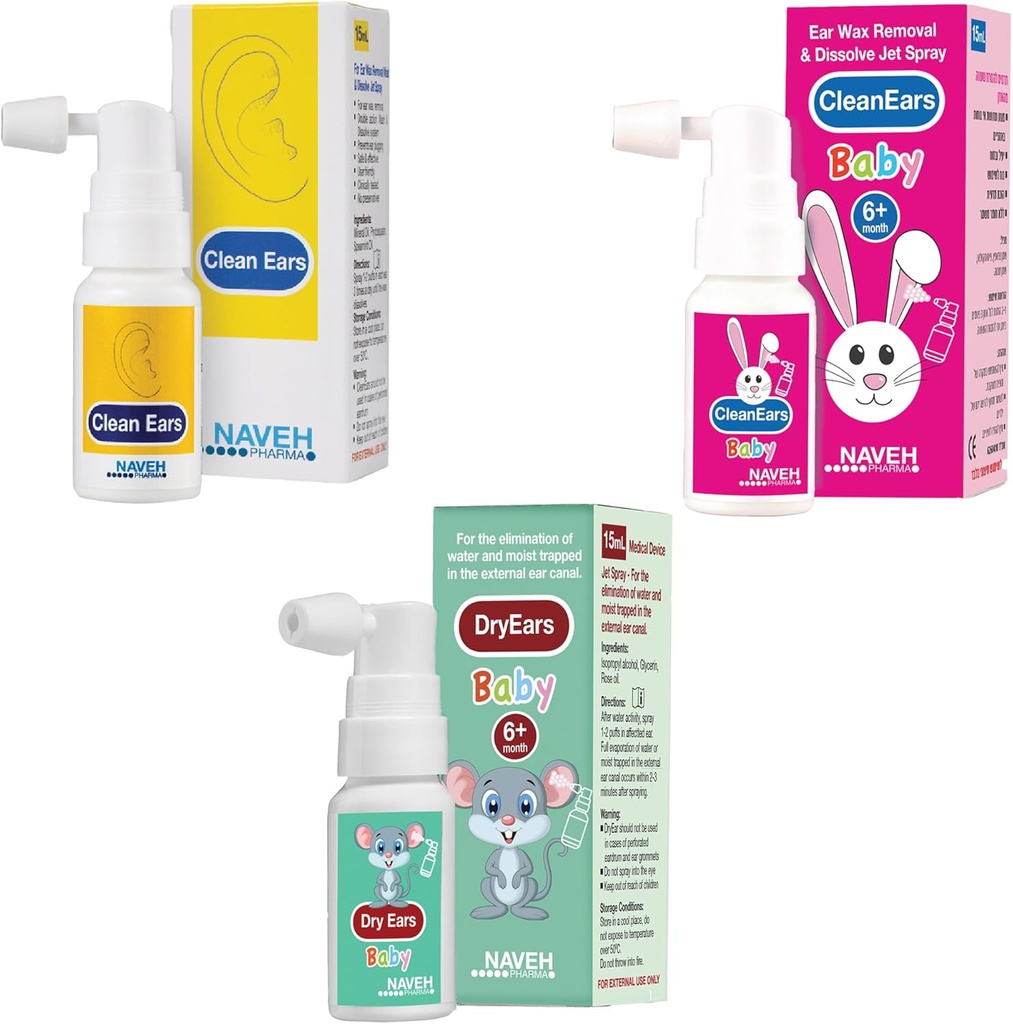 NAVEH PHARMA CleanEars 0.5 Fl Oz + NAVEH PHARMA Dry-Ears Baby 0.5 FL OZ + NAVEH PHARMA Otic Guard Baby 0.5 Fl Oz