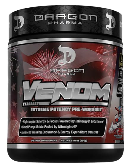 DRAGON PHARMA Venom Extreme Potency Pre-Workout, Laser Sharp Focus + Energy, Intense Performance, beprövade ingredienser för förbättrad vasodilation och uthållighet (40 portioner, amerikansk juice)