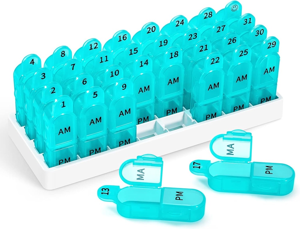 Zoksi Månatliga Pill Organizer 2 gånger om dagen, 30 dagars Pill Box Organizer Am Pm, Daglig Pill Case med 32 stora kompartement för varje dag, Portable Travel Pill Container för vitaminer och medicin (Cyan)