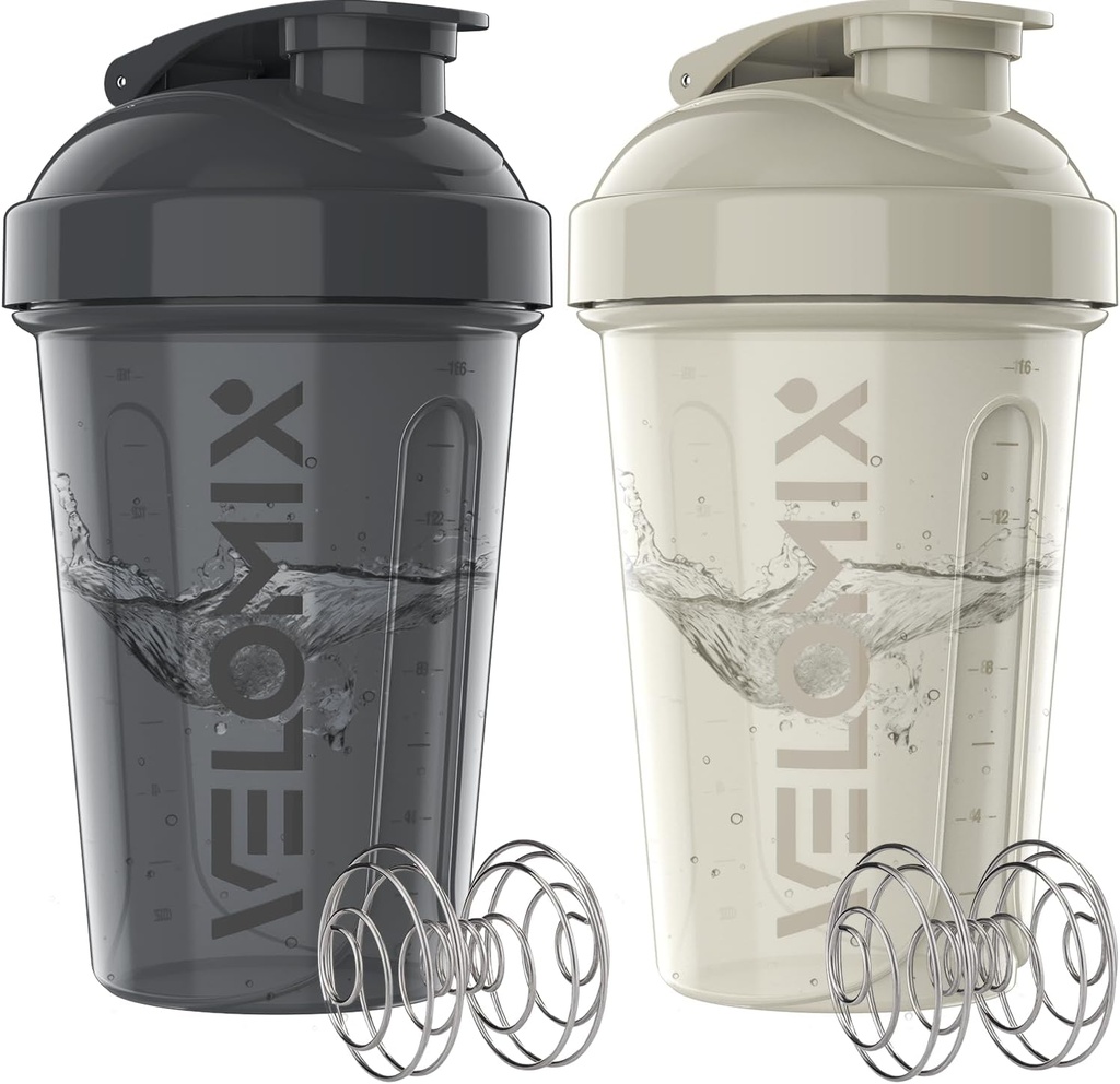 VELOMIX -2 Pack- 20 oz Protein Shaker Bottles för proteinblandningar - 2x Wire Whisk | Läcka Proof Shaker Cups för Protein Shakes och Pre Workout | Protein Shaker Bottle Pack (Gray/White)