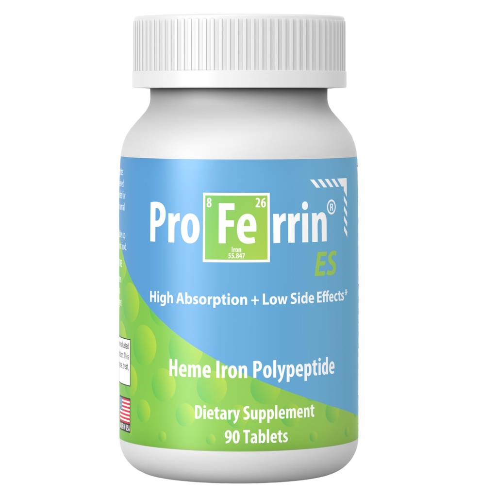 Proferrin ES- 10,5 mg hög Absorberande Heme Iron Polypeptide. Tillverkad i USA. 90 tabletter. Lätt på The Gut. Inte påverkas av kaffe, kalcium eller PPI.