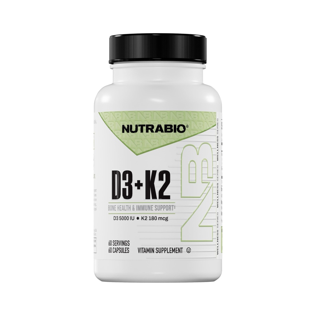 NutraBio Vitamin D3 K2 | 5000 IU D3 as Cholecalciferol with Vitamin K2 as MENA-Q MK7 (180mcg) | Support Bone and Heart Health | Non-GMO, Gluten Free, Lactose Free | 60 Vegetable Capsules