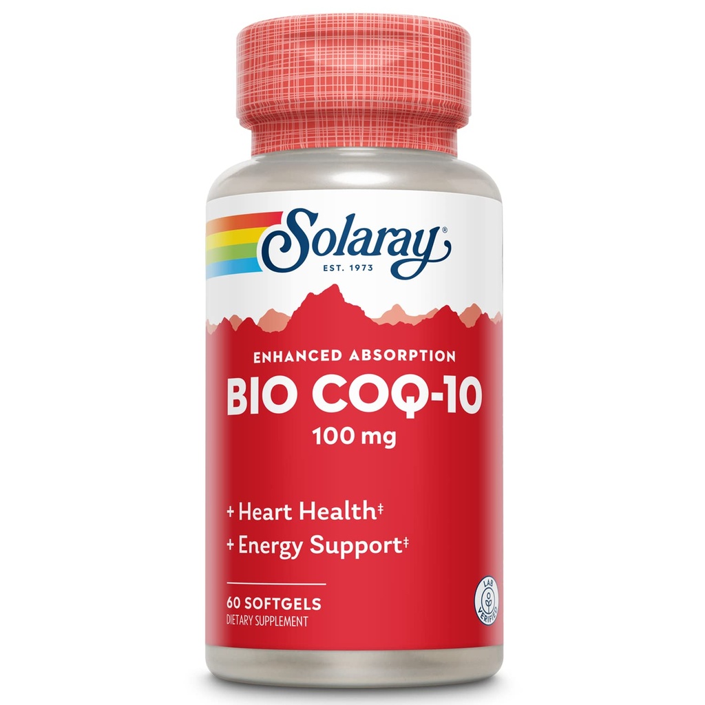 SOLARAY Bio CoQ-10 100 mg | Förbättrad absorption | Vitaminer A & E | Hälsosamt hjärta och cellulärt energistöd (60 CT)