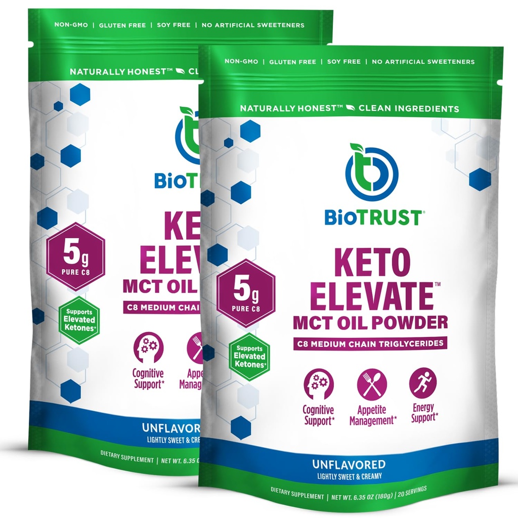 BioTrust Keto Elevate - C8 MCT Oil Powder - Ketogen MCT Coffee Creamer, Keto Coffee Creamer - Clean Energy, Mental Focus & Clarity - 100% Caprylic Acid MCT Powder, Non-GMO (Unflavored, 40 Servings)