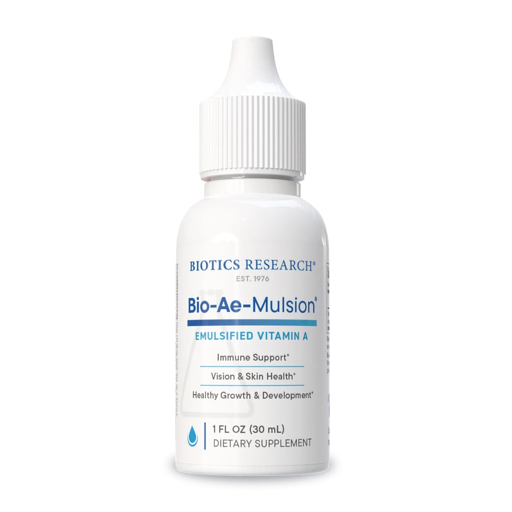 Biotics Research Bio Ae Mulsion IU Emulsified Vitamin A for Greater Uptake & Utilization, Concentrated Form, främjar immunsvar, hjälpmedel i visuell akut, stöder kardiovaskulär 1 Fluid Ounces