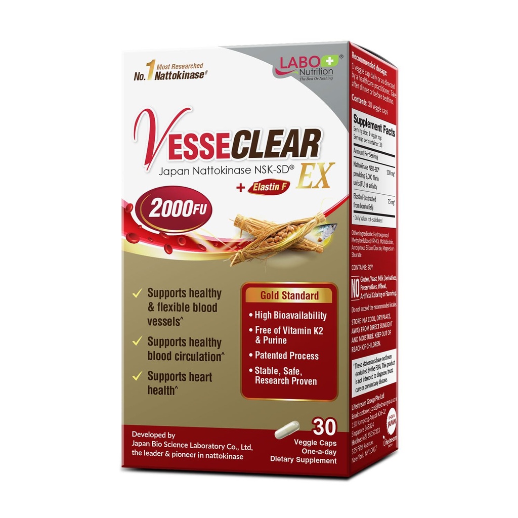 LABO Nutrition VesseCLEAR EX: Nattokinase NSK-SD + Elastin F för ren och flexibel blodkärl. Japans mest forskningsbevisade, funktionell dos, syrabeständig / fördröjd frisättning kapslar