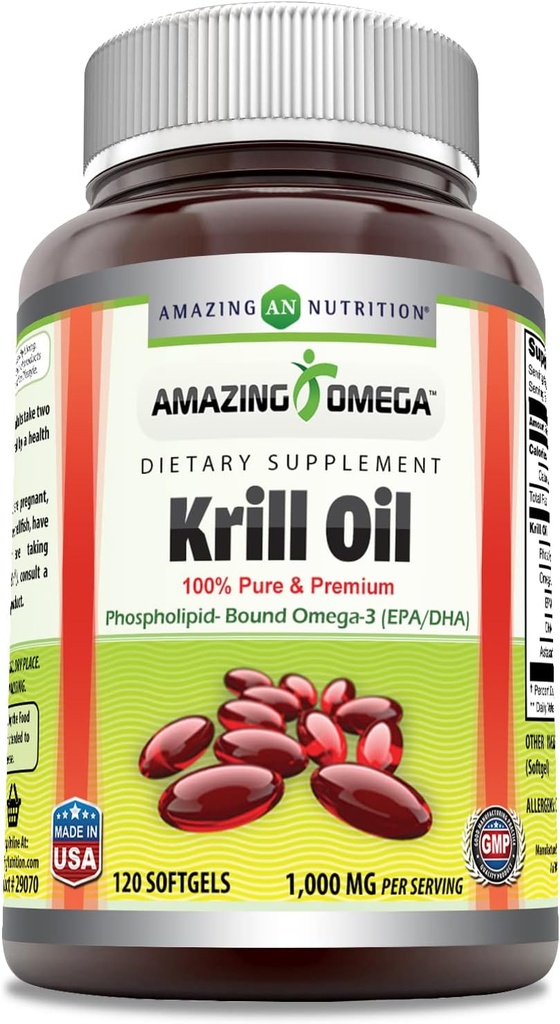 Fantastisk Omega Krill Oil med Omega 3s EPA, DHA, Fosfolipider och Astaxanthin 1000 Mg per Servering 120 softgels Supplement | Non-GMO | Gluten Free