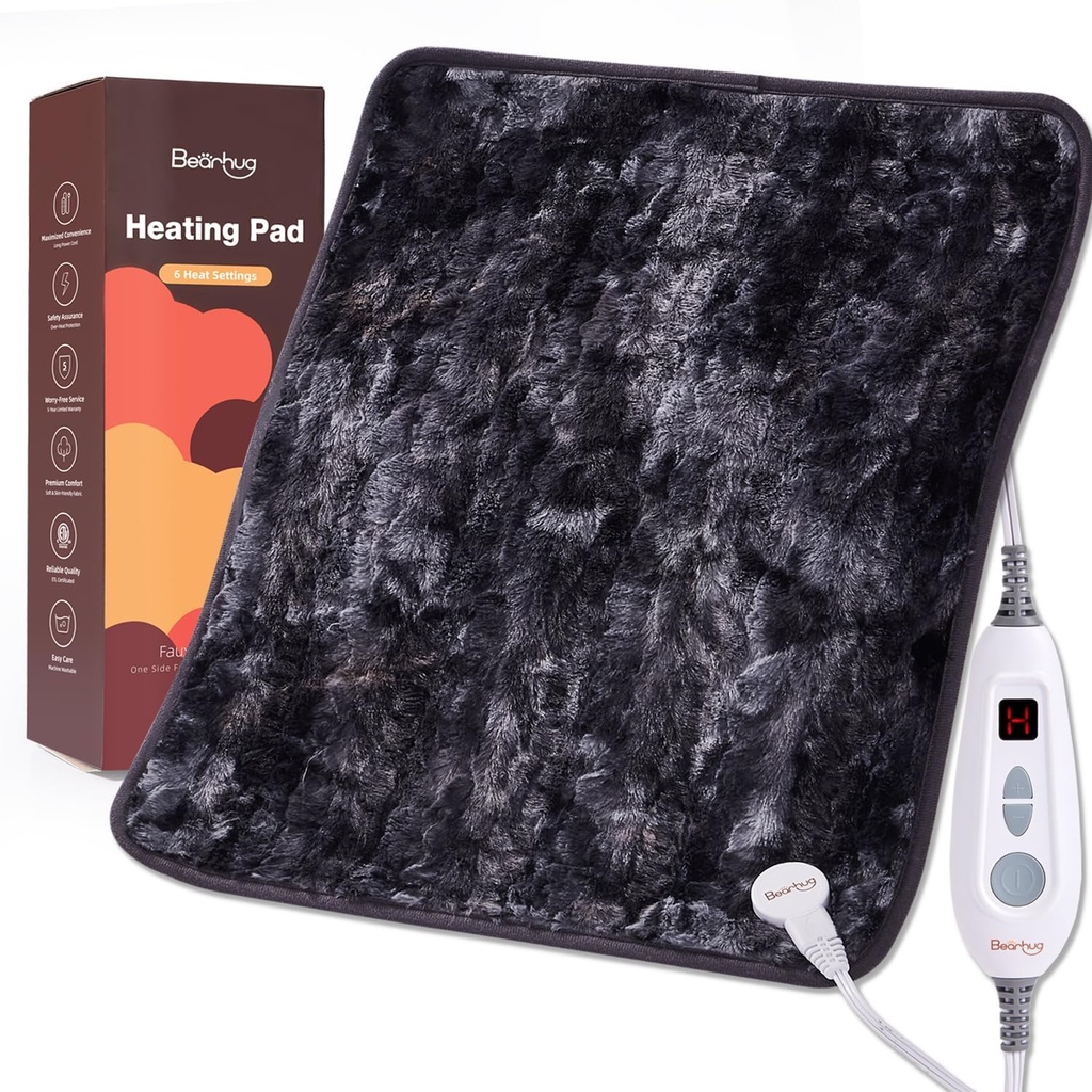 Bearhug XL Electric Heating Pad 20''x24'' Double-Sided Faux Fur Heated Pad, 6 Heat Levels, 2H Auto-Off, Moist & Dry Heat Therapy för Back Pain Relief, Machine Washable, ETL Certified, Gift Box