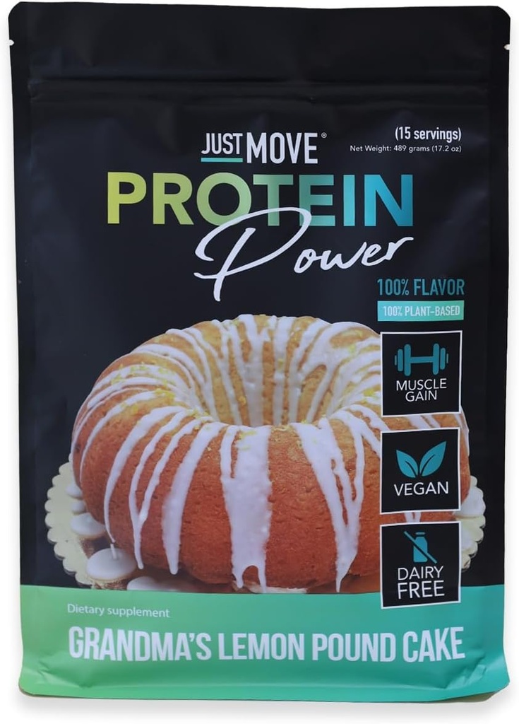 Just Move Protien - farmors citronpund kaka - Vegan (Plant Based), Organic, Dairy Free, Soy Free, Gluten Free, Keto, Peanut Free, 20g Protein, Low Carb, Non GMO (17,2 Oz)