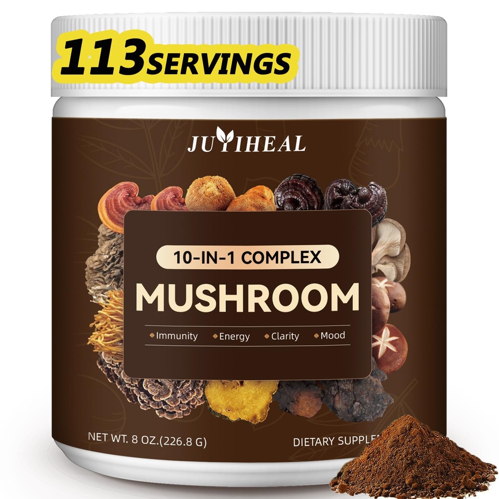 10-i-1 Mushroom Powder, Mushroom Complex - Lions Mane, Reishi, Shiitake, Chaga, Turkey Tail, Cordyceps, Maitake & More, Mushroom Supplement Powder för energi, minne, fokus och immunstöd 8oz