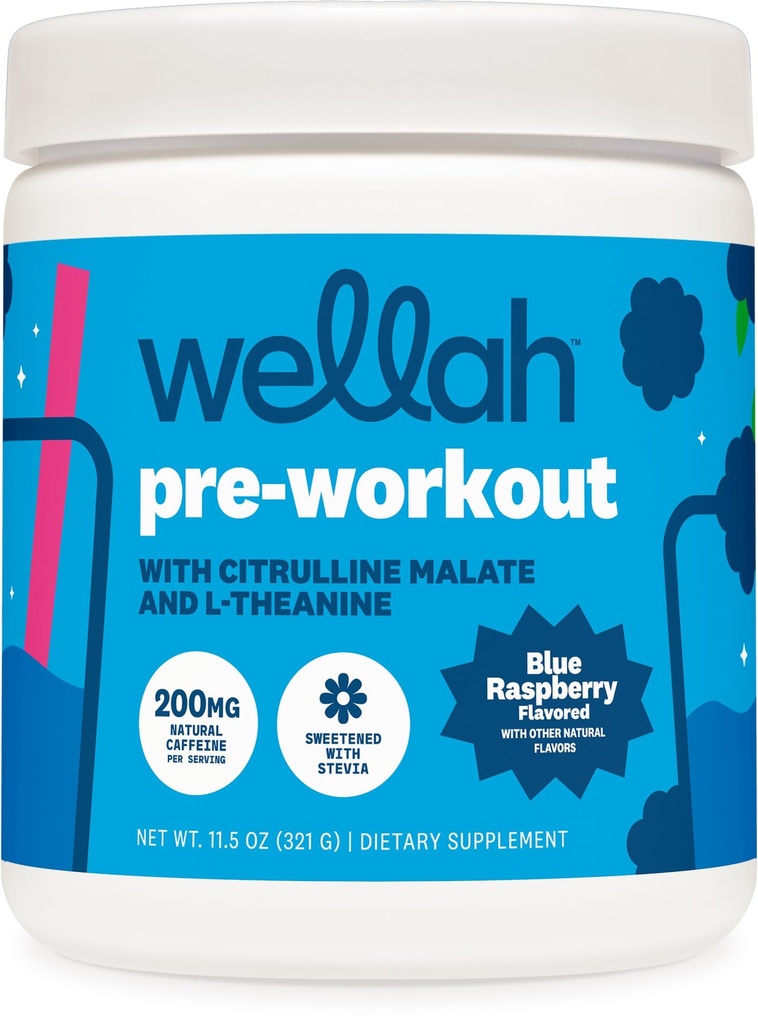 Wellah Pre-Workout Drink Mix (Blue Raspberry Flavored, 30 Servings) - with Citrulline Malate and L-Theanine, 200mg of Natural Caffeine & 1000mg of Beta-Alanine