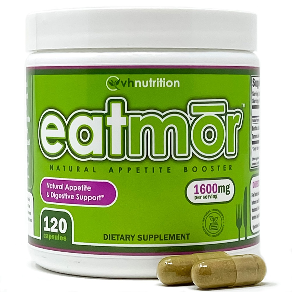 VH Nutrition Eatmor | Appetite Booster | Weight Gain Pills* för kvinnor och män | Designad för kvinnor med Gentian, Ginger, Alfalfa | 120 Easy-to-Swallow Capsules