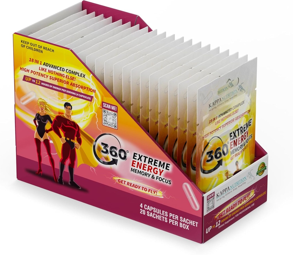 360 Extrem energi, minne och fokus (1 Visa 20 Sachets (4 kapslar ea)